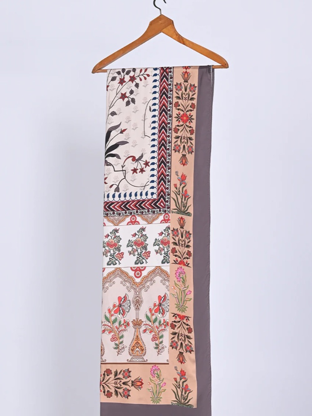 Silk Satin Floral Pattern Scarf / Wrap in Beige and Red - Picture 2 of 2